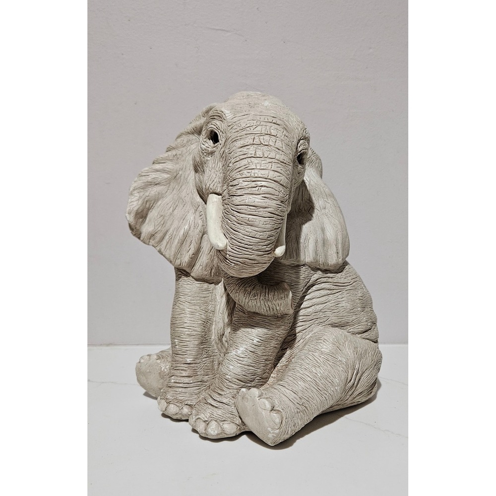 Vintage Sitting Elephant Figurine Textured Grey Resin Safari Animal Decor